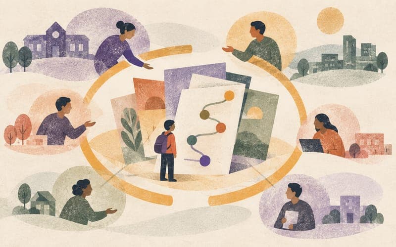 Neurodivergent student at the centre of a shared transition plan made from layered documents, a route map and connected supports