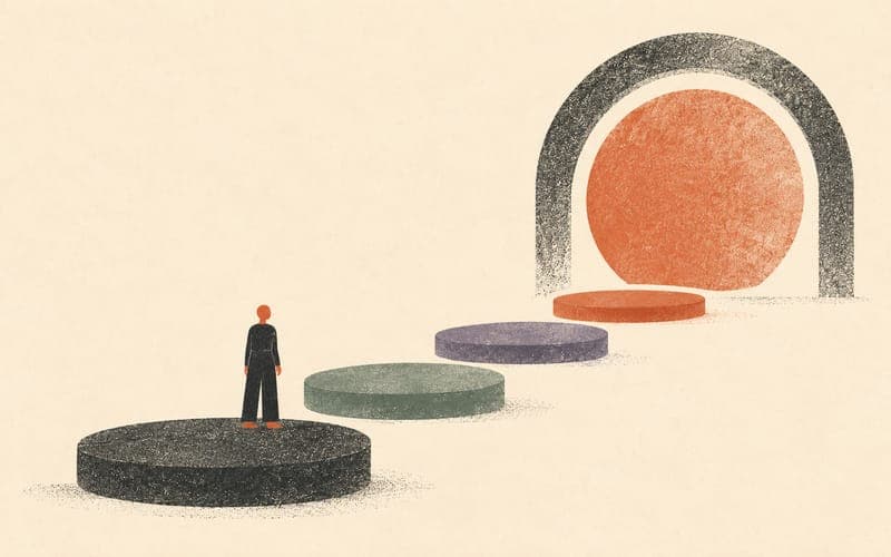 Abstract faceless figure standing beside a tall vertical list with geometric checkmark shapes, calm and prepared posture, Risograph two-colour flat print, terracotta and charcoal on cream