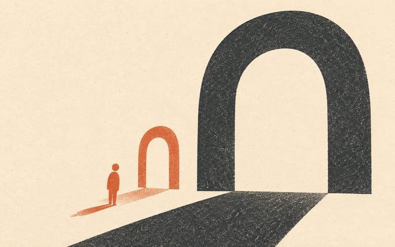 Abstract faceless figure holding a small document with two diverging arrows above, a small arrow representing the actual feedback message, a large arrow representing the catastrophised interpretation, Risograph two-colour flat print, terracotta and charcoal on cream