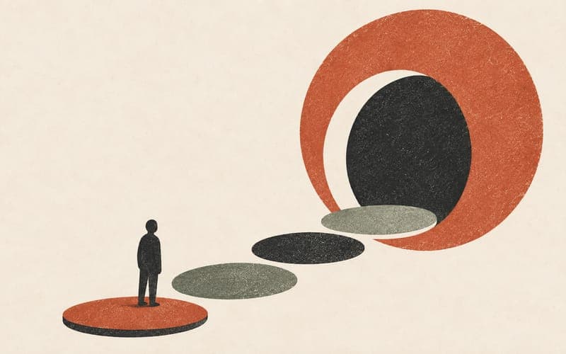 Two abstract faceless silhouettes, one seated in a chair, one observing from the edge of the frame, representing the direct observation dynamic in clinical placement, Risograph two-colour flat print, terracotta and charcoal on cream
