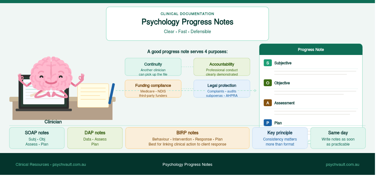 A psychologist writing structured progress notes at a calm clinical desk with a laptop and notepad