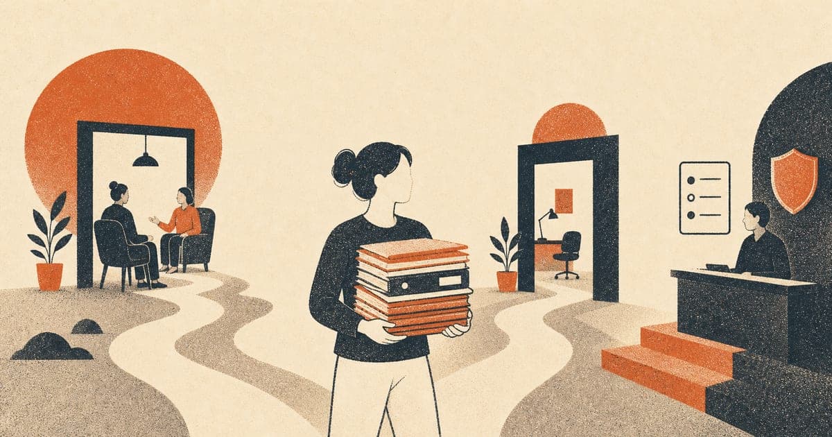 A provisional psychologist carrying a stack of clinical files between supervision, placement and regulation checkpoints