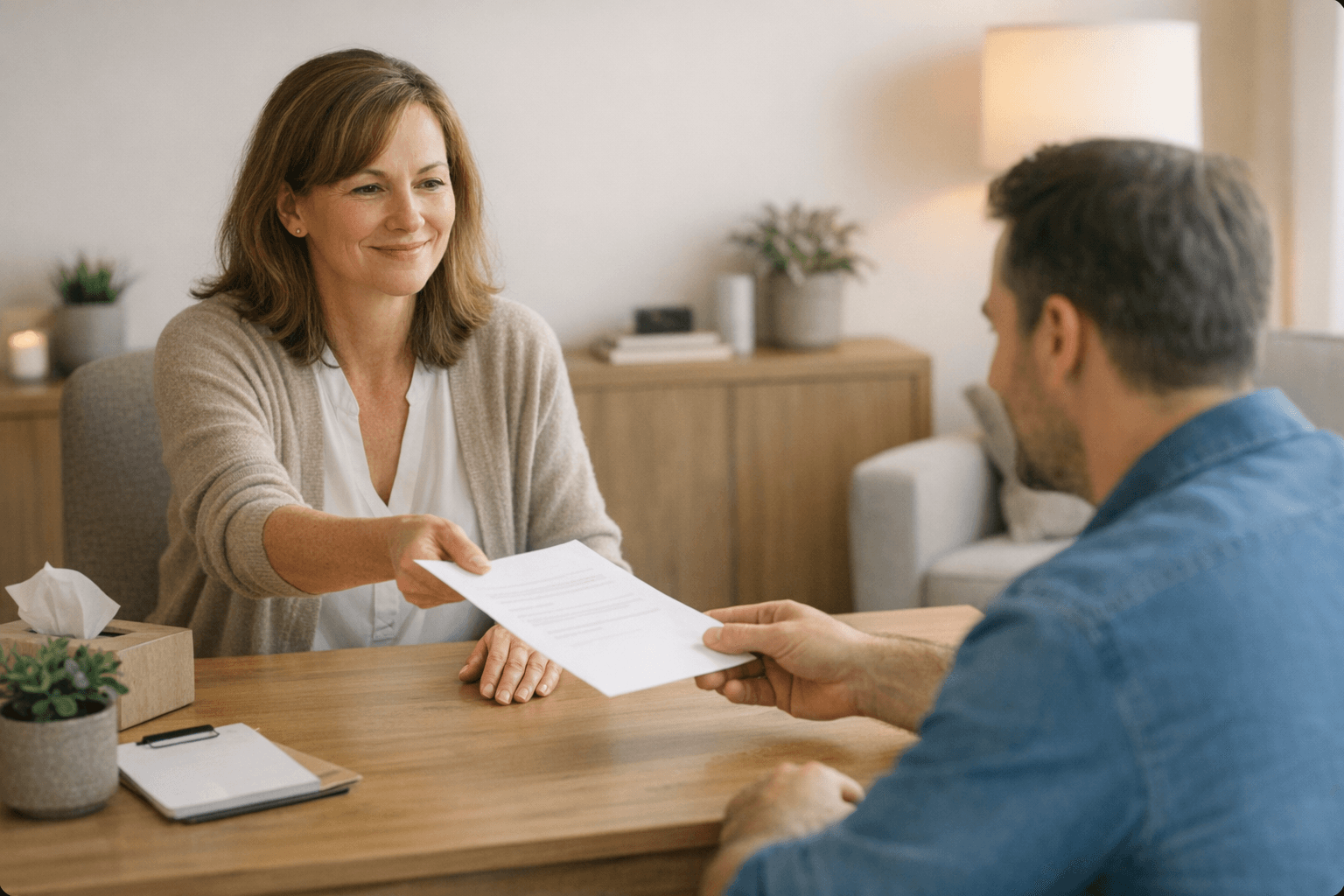 A psychologist reviewing a psychoeducation handout with a client across a calm clinical desk