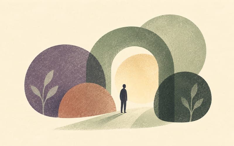 A psychologist using treatment, supervision, workload changes and continuity planning to support safe practice during illness, Risograph editorial illustration in deep charcoal, warm cream and sage green, faceless practitioner supported by several balanced protective structures, Japanese-minimalist layout, visible grain, no text, no logos