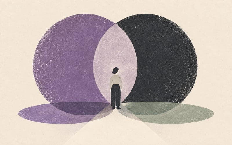 Two professional roles overlapping around one client while consultation and role boundaries sit outside the overlap, Risograph editorial illustration in deep charcoal, warm cream and dusty violet, faceless minimal figures and intersecting pathways, heavy negative space, visible ink grain, no text, no logos