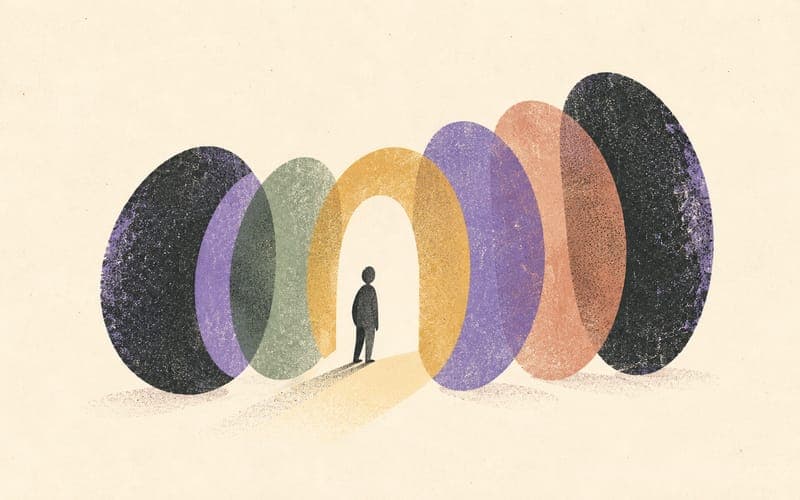 A complete safety system connecting risk recognition, independent advice, proportional safeguards, documentation, monitoring and escalation, Risograph editorial illustration in deep charcoal, warm cream and dusty violet, circular sequence of abstract protective forms around a faceless psychologist and client, generous negative space, no text, no logos
