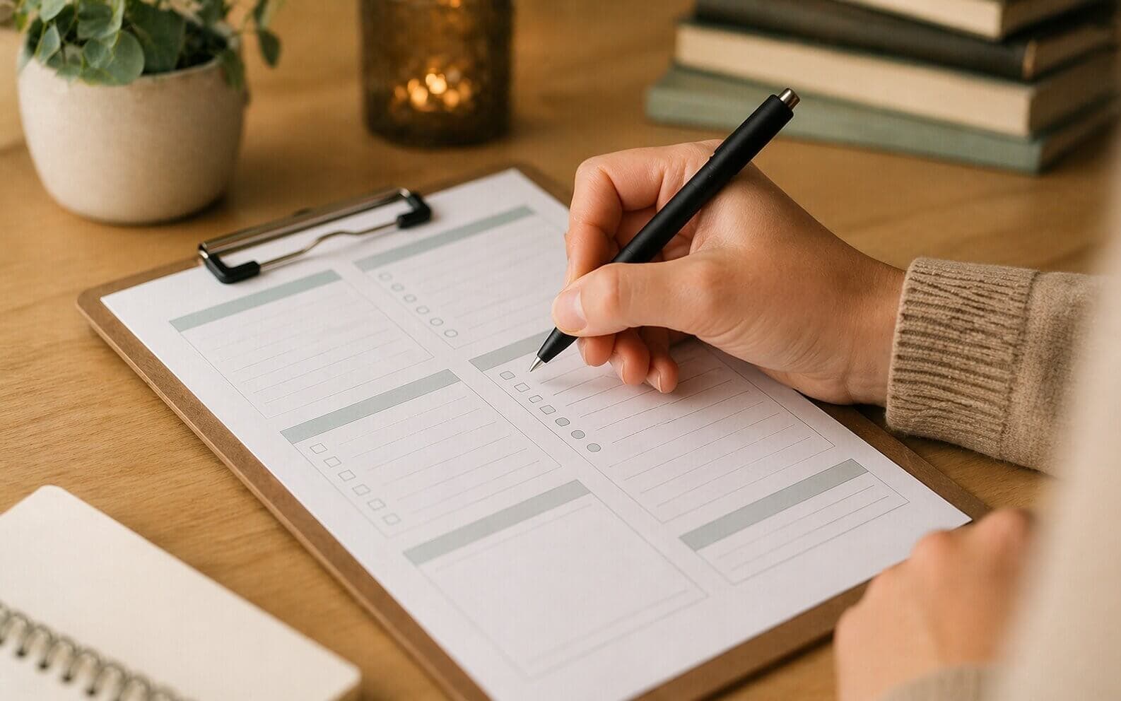 Psychologist writing in a structured clinical template on a clipboard