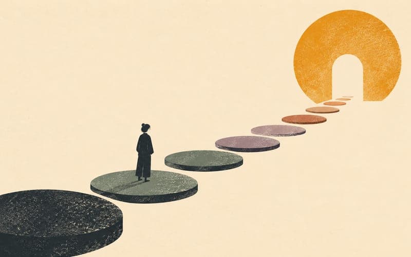 A calm psychology graduate arranging eight practical next-step cards into a forward path, Risograph editorial illustration in deep charcoal, warm cream and amber, faceless minimal figure, cards contain no writing, strong negative space, no text, no logos