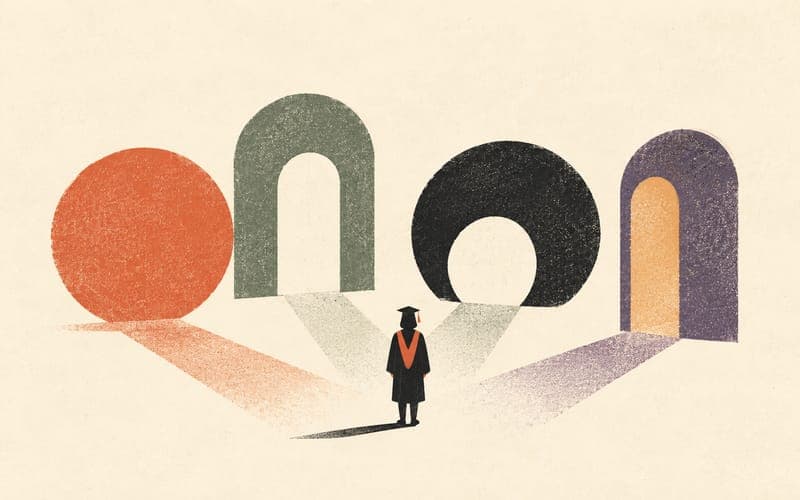 A psychology graduate at a crossroads choosing among reapplying, another approved pathway, relevant work and a different career direction, Risograph editorial illustration in deep charcoal, warm cream and terracotta, faceless figure, open horizon, no text, no logos
