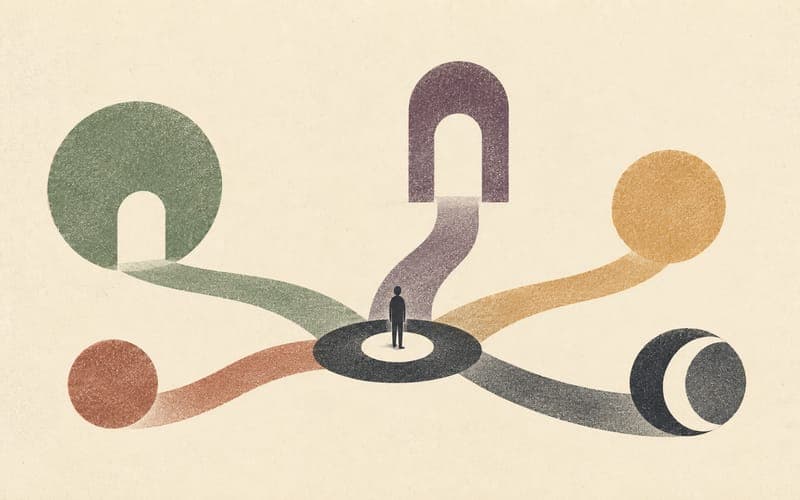 A branching psychology training map separating third-year, fourth-year, MPP, higher-degree and alternative career decisions, Risograph editorial illustration in deep charcoal, warm cream and sage green, abstract paths and faceless figures, heavy negative space, no text, no logos