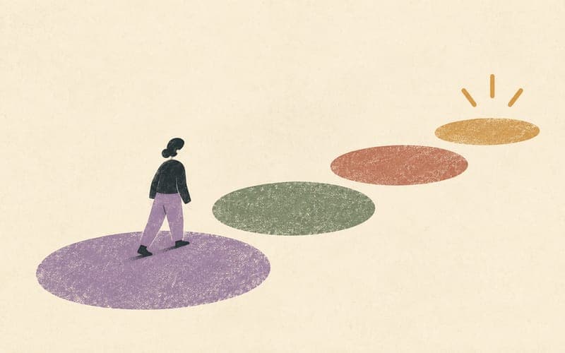 A psychology applicant reviewing one weak point at a time across experience, research, referees and interview preparation, Risograph editorial illustration in charcoal, cream and dusty violet, simple checklist-like shapes without words, faceless figure, no text, no logos