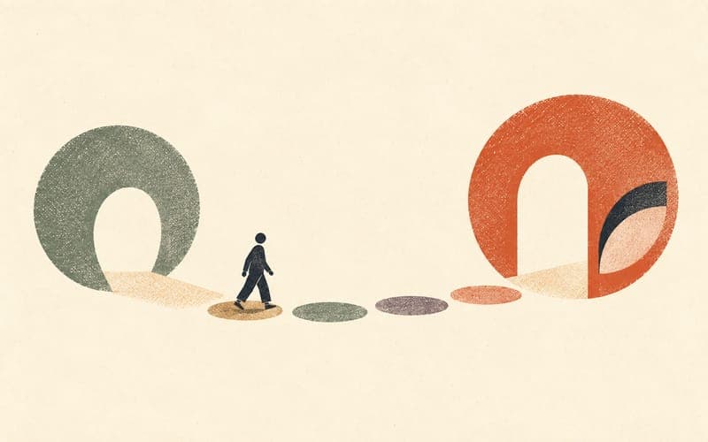 Two distinct pathways showing general registration and later specialist endorsement without merging them, Risograph editorial illustration in deep charcoal, warm cream and terracotta, abstract credential shapes and faceless figure, spacious Japanese-minimalist layout, no text, no logos