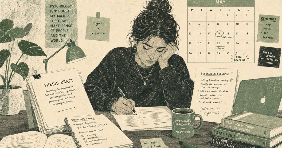 Psychology honours student at a desk with a thesis draft, statistics notes, supervisor feedback, and a calendar, looking focused but tired, Risograph editorial illustration in sage