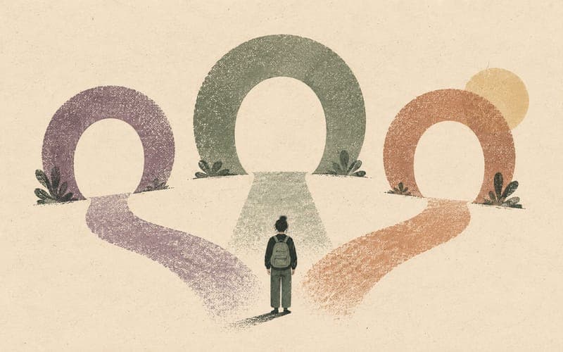A student standing at a forked path labelled by abstract marks, alternate routes, and application folders, Risograph editorial illustration in sage green and charcoal on warm cream
