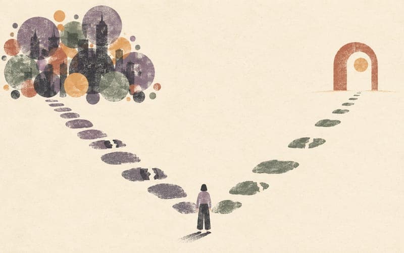 A provisional psychologist standing between a crowded metropolitan pathway and a distant regional pathway, each containing different barriers