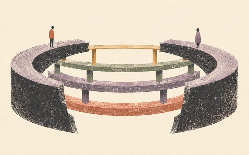 A small provisional psychologist carrying a training pathway across an oversized gap between employment and supervision
