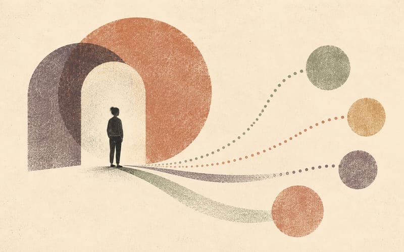 Abstract client vignette represented by layered household and human shapes, with branching hypothesis lines extending outward rather than converging too quickly, Risograph editorial illustration in terracotta and charcoal on warm cream
