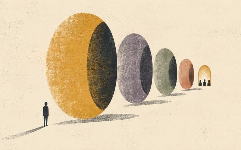 Crowded pool of applicant shapes narrowing toward a small group of interview seats, abstract and editorial, Risograph illustration in amber and charcoal on warm cream
