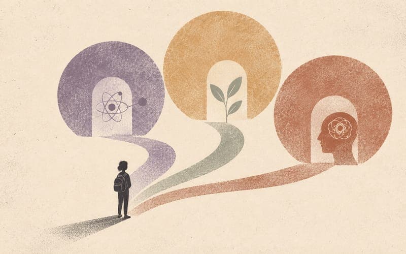 Applicant studying a course map with pathways branching toward research, placement, and modality themes, abstract and minimal, Risograph illustration in dusty violet and charcoal on warm cream