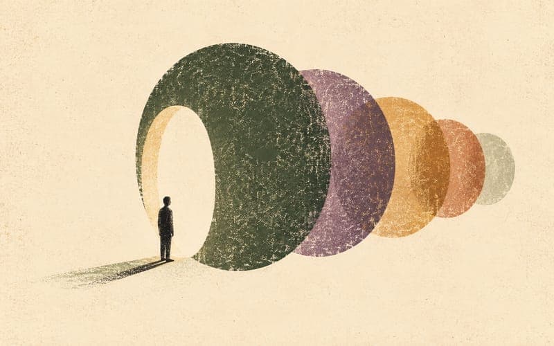Panel of abstract interviewers across a table from a single applicant, with a second floating case-vignette card beside them, Risograph editorial illustration in sage green and charcoal on warm cream