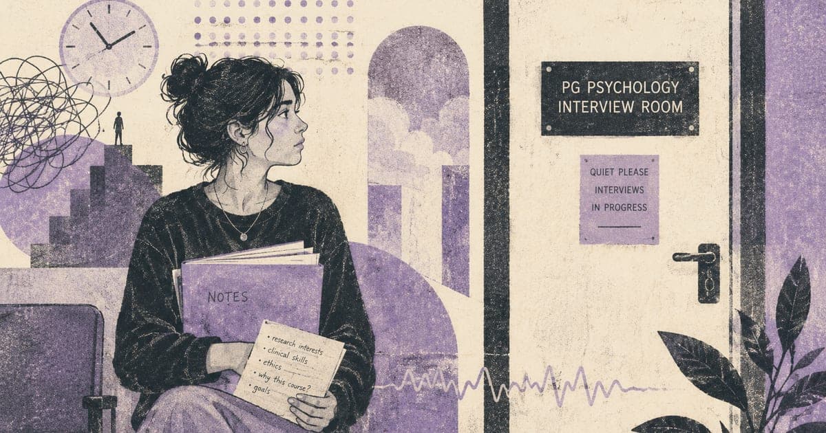 Honours graduate waiting outside a postgraduate psychology interview room, holding notes and a folder, with abstract institutional shapes suggesting pressure, uncertainty, and prep
