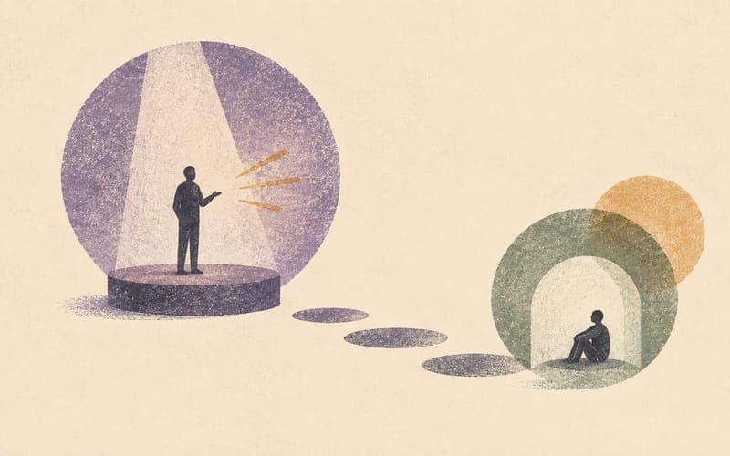 Faceless speaker delivering a polished script while a second quieter figure pauses and listens, abstract contrast between performance and reflection, Risograph editorial illustration in sage green and charcoal on warm cream