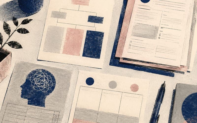 A spread of psychology templates on a clinical desk, CBT worksheets, intake forms, and structured report pages laid out together