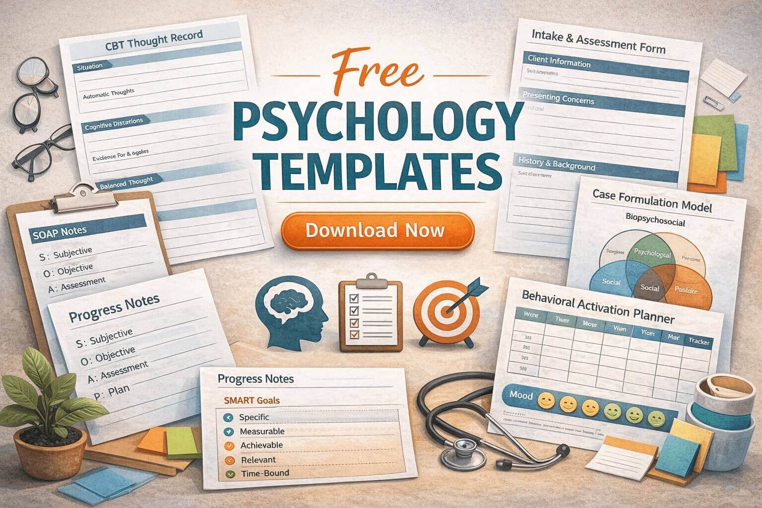 Collection of clean, clinical psychology templates including CBT worksheets and assessment forms
