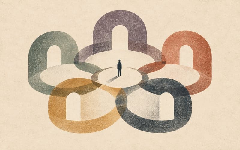 An abstract psychology training governance table, with the same small group of professionals connected across multiple role positions
