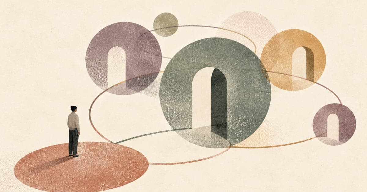 Editorial illustration of a trainee standing at the edge of a psychology training governance network connected by overlapping role-lines