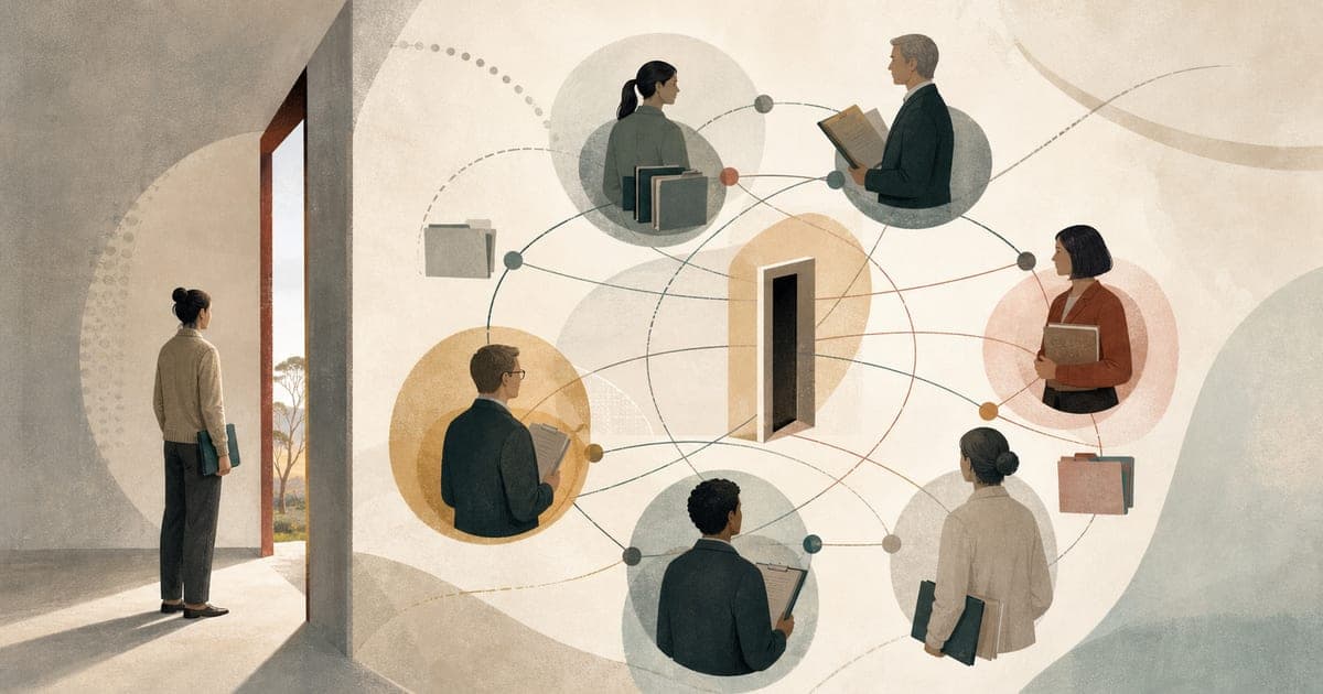 Editorial illustration of a trainee standing at the edge of a psychology training governance network connected by overlapping role-lines