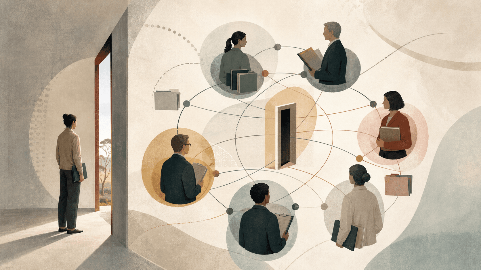 Editorial illustration of a trainee standing at the edge of a psychology training governance network connected by overlapping role-lines