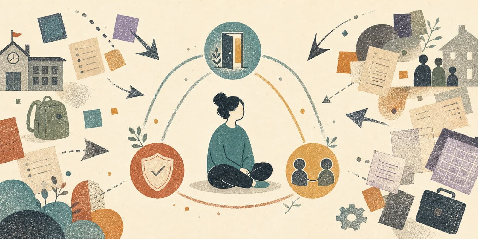 PDA and demand avoidance shown as autonomy, safety, connection, and systemic pressure in a clinical illustration