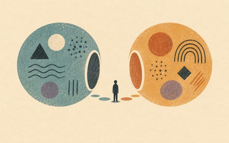 The double empathy problem, illustration of two figures facing each other with mismatched speech bubbles showing different patterns and symbols, against PsychVault's flat-illustration style.