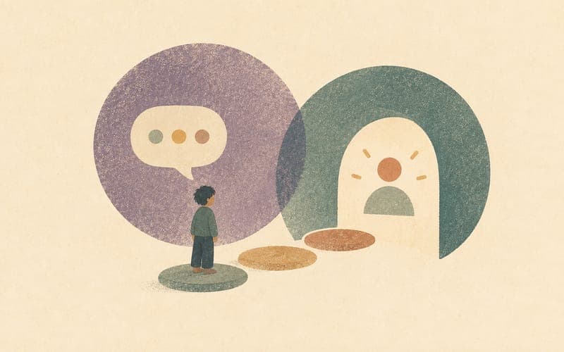 Low-demand communication, illustration of a calm exchange between two figures using shorter, indirect speech bubbles and visual supports, against PsychVault's cream and teal palette.