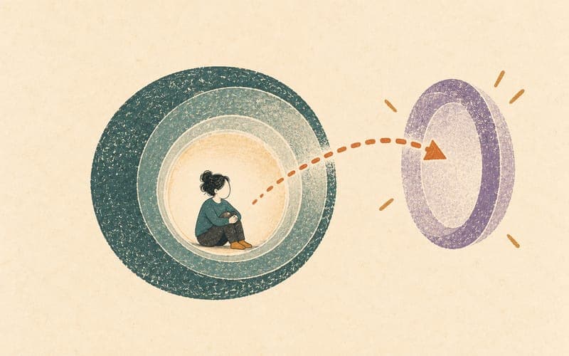 Monotropism and attention shifts, illustration of a figure inside a focused attention tunnel with an arrow showing forced redirection to a different task.