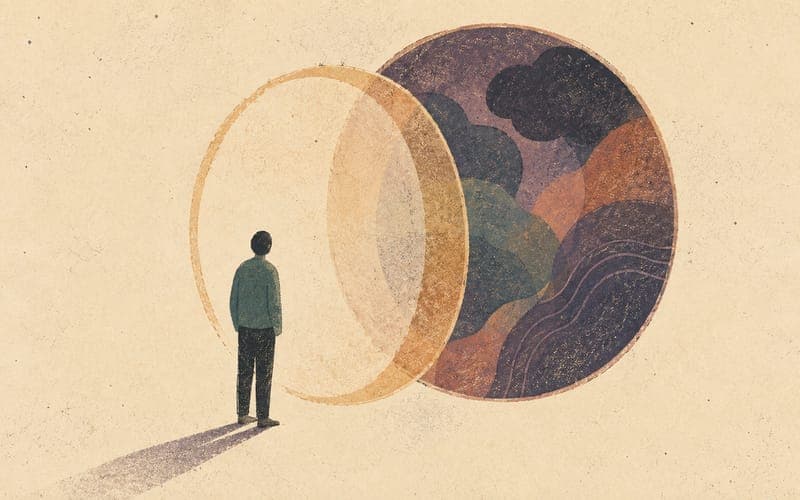 Psychometric testing and the inner/outer gap, illustration of a figure standing in front of a test paper, with their inner experience shown as a separate hidden layer behind them.