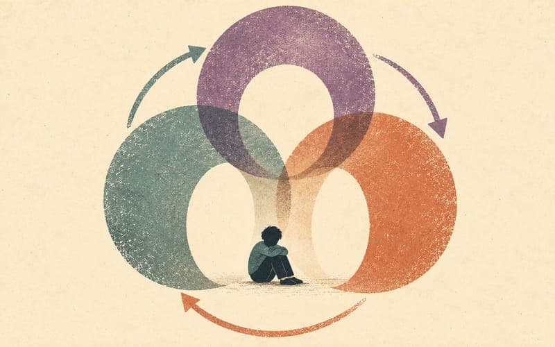 Systemic stress and family escalation loops, illustration of multiple figures and arrows forming a feedback loop, with school, family, and work pressures cycling and intensifying.