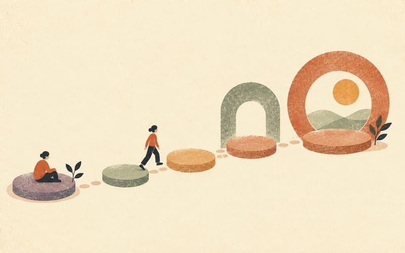 A staged return-to-work pathway moving from rest and admin to supported client work and sustainable practice.