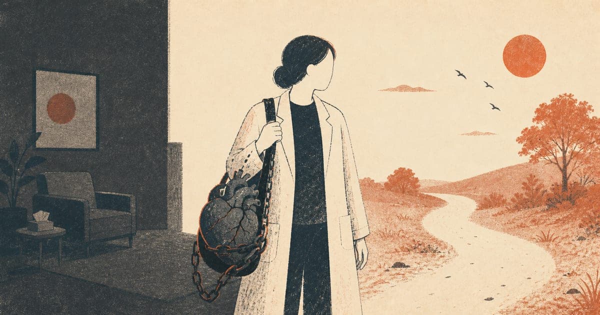 A faceless psychologist standing between a therapy room and an open recovery path, carrying the body cost of trauma-informed practice