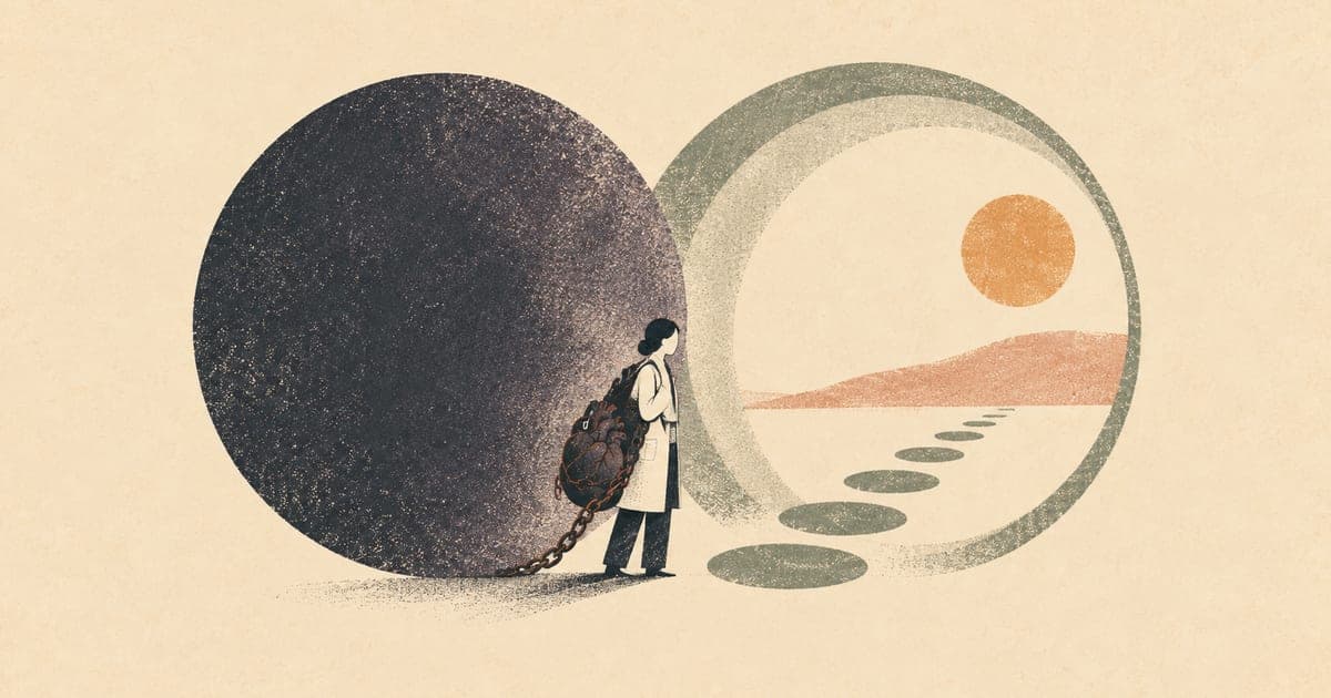 A faceless psychologist standing between a therapy room and an open recovery path, carrying the body cost of trauma-informed practice