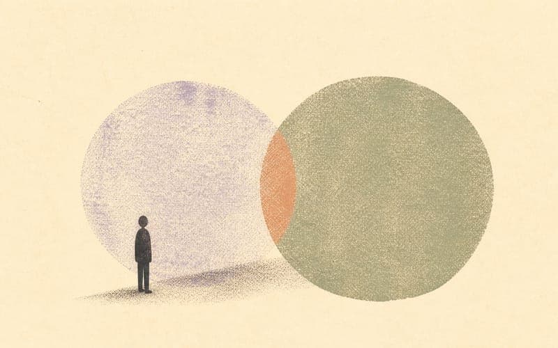 A tiny faceless practitioner standing near two overlapping textured circles, one faded behind the other to suggest a previous role still shaping the present, abstract Risograph print, warm cream paper, charcoal, dusty violet, muted sage, terracotta shadow, no text, no logos