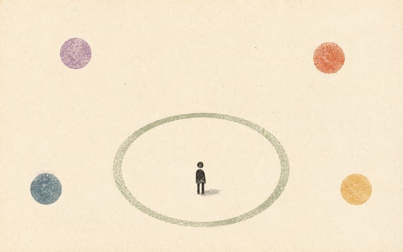 A tiny faceless person standing inside a clear protective ring while several larger circles sit outside it, suggesting information boundaries, independent consultation, separate decisions and review triggers, sparse abstract Risograph print, warm cream paper, charcoal, sage, dusty violet and amber, no text, no logos