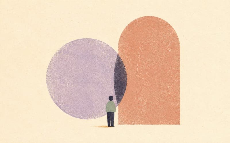 A tiny provisional psychologist standing between a large circle behind them and a taller arch ahead, suggesting a former supervisory role becoming an employment role, sparse abstract Risograph style, warm cream paper, charcoal, terracotta, violet and sage, no text, no logos