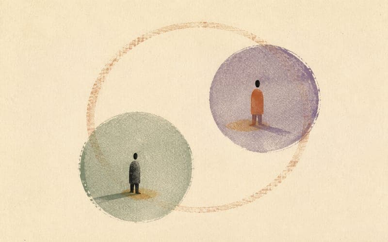Two tiny faceless figures standing in separate textured circles while a faint outer ring overlaps both, suggesting therapy and workplace supervision becoming too close, sparse abstract Risograph print, warm cream paper, deep charcoal, dusty violet, muted sage, no text, no logos