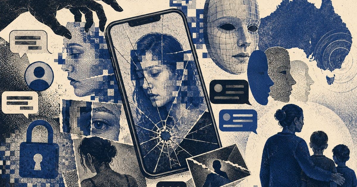 Cracked screen layered with altered portraits, blackmail message fragments, and AI mask shapes, Risograph editorial illustration in indigo and charcoal on warm cream, 16:10 landsca