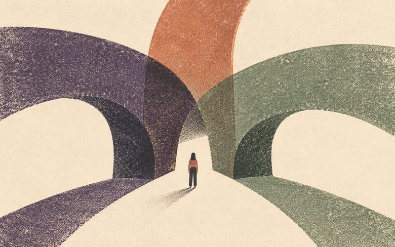 A provisional psychologist standing where three oversized arches converge while an open path remains ahead