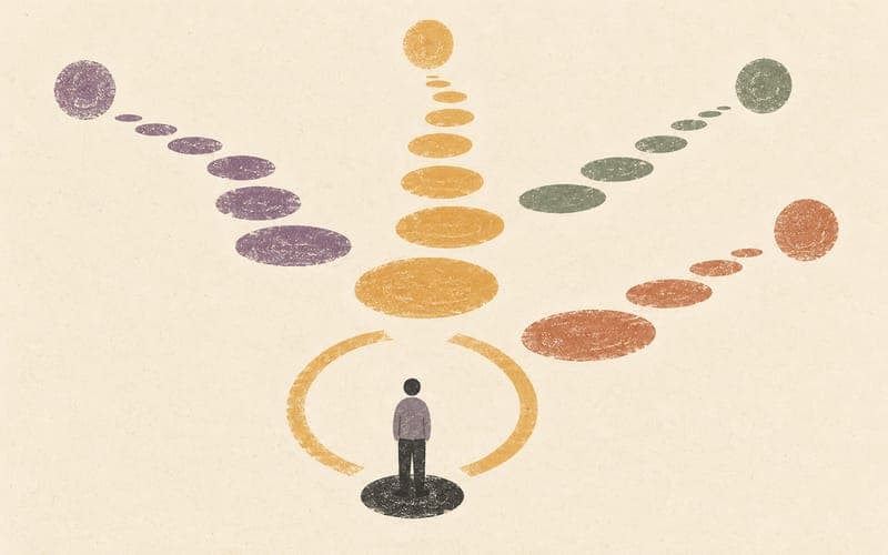 A psychologist pausing inside an open ring before several circular pathways branch across an empty cream field