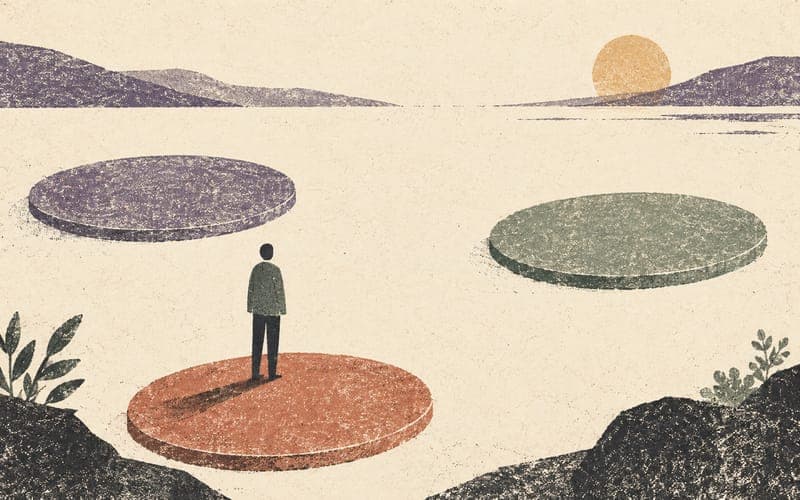 A tiny figure choosing between three widely spaced stepping-stone paths on cream paper