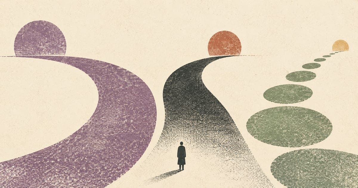 A small psychologist standing where several abstract supervision pathways diverge